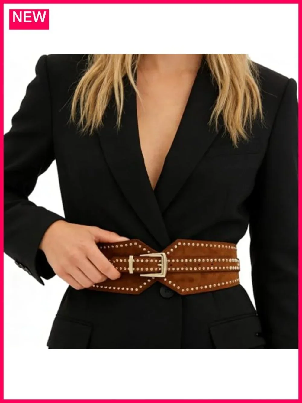 Women Wide Elastic Stretchy Chunky Belt with Gold Buckle